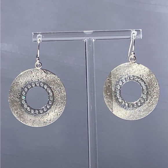 Silpada Sterling Silver CZ Circle Textured Dangle Earrings - Picture 1 of 12